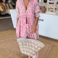 Boho blommig V hals hög midja A-Line Swing klänning