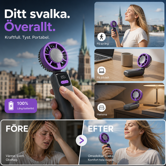 🌬️ 50% RABATT NU! ❄️ Bärbar Handhållen Kylningsfläkt – 3-i-1 (Hand/Underlägg/Halsband), 100 Hastigheter & upp till 12H Batteri – Perfekt För Camping & Resor ✨