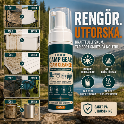 🔥50% RABATT NU! ⛺ Skumrengöring för utomhus- och campingutrustning med medföljande rengöringshanduk – Avlägsnar smuts, lera och fläckar på tält, ryggsäckar och campingutrustning, skonsam mot materialet ✨