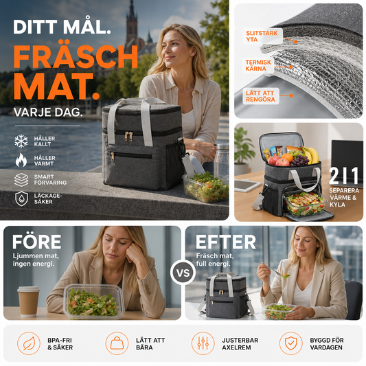 Dubbellagad isolerad matlådeväska – Termisk, fräschör hela dagen