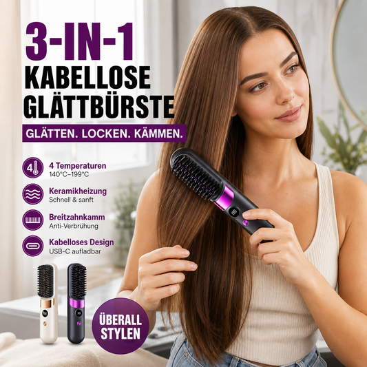 Trådlös 3‑i‑1 stylingkam – plattar, lockar & rätar ut – med keramisk teknik, 4 temperaturer & USB‑C – perfekt för resan 💇‍♀️✨