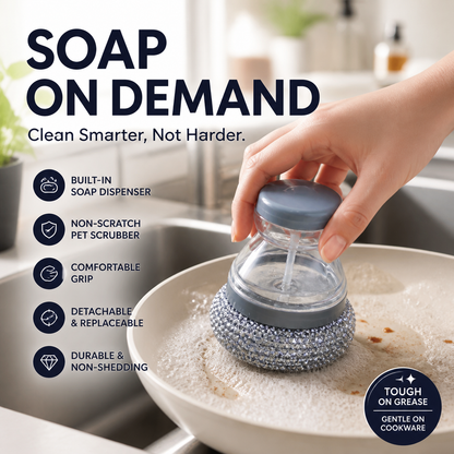 🛒50% RABATT NU! 🧽Rengöringsborste med inbyggd tvål – Ergonomisk, repfri för enkel rengöring av grytor ✨