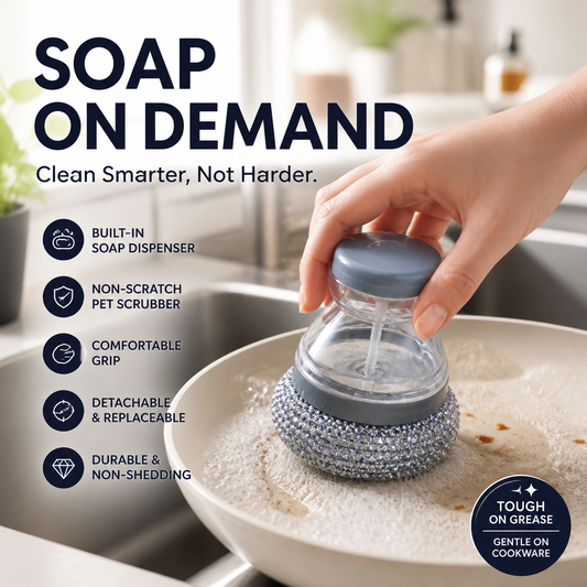 🛒50% RABATT NU! 🧽Rengöringsborste med inbyggd tvål – Ergonomisk, repfri för enkel rengöring av grytor ✨