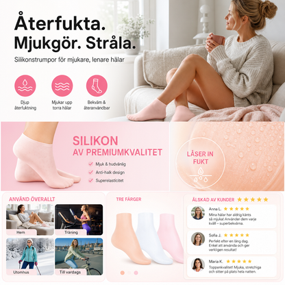 🛒 50% RABATT NU! 🦶 Fuktgivande och exfolierande silikonstrumpor för fotvård och strandskydd (3 st.) – Återanvändbara, Mjuka & Skonsamma – Perfekt för Hemfotvård, Resor och Sommar 🌿