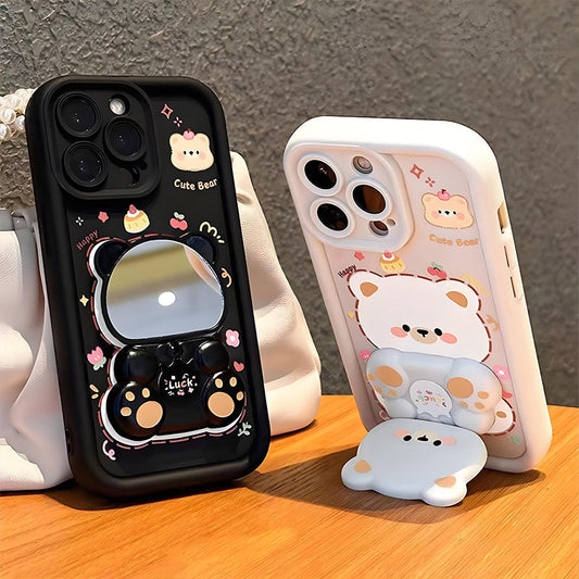 Fällbart stativ och spegel, söt björn-telefonfodral för iPhone-serien