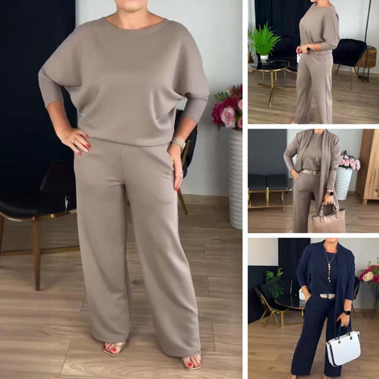 Elegant lång kofta, topp och byxor, 3-delars set