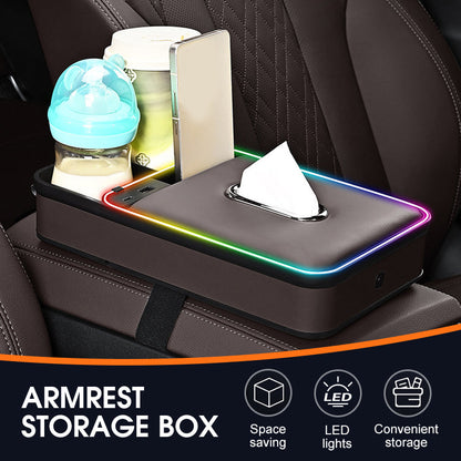 🔥50% RABATT NU! Bilarmstödslåda med RGB-ljus, förvaring för mobil, kopp & servetter 🚗💡📱✅💥