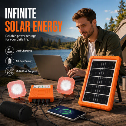 🔥50% RABATT NU!💥☀️Bärbart solenergisystem🔋4W solpanel, 2400mAh batteri, med LED-lampor🛡️