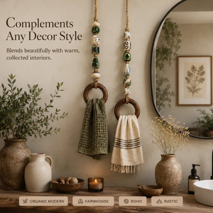 🔥50% RABATT NU! 🌿 Pärl dekorerad handdukshängare, bohemisk stil, naturlig trälook ✨