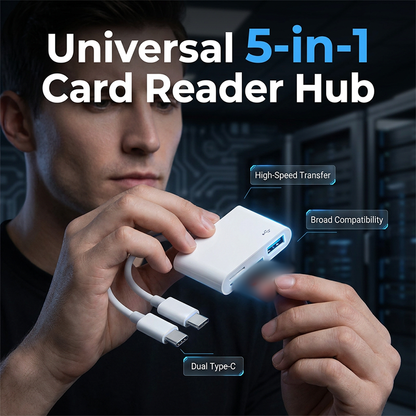 🔥⏳50% RABATT NU!📱5‑i‑1 Multiport Minneskortläsare, Dubbelkontakt Plug‑and‑Play, Stöd upp till 1TB för Snabb Filöverföring✨